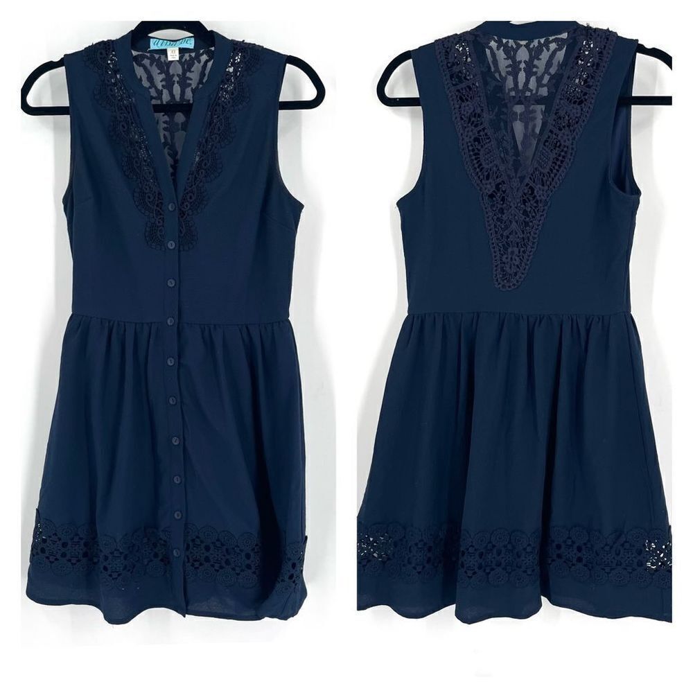 Dina Be Navy Black Dress Size‎ XS sleeveless lace overlay Button Down